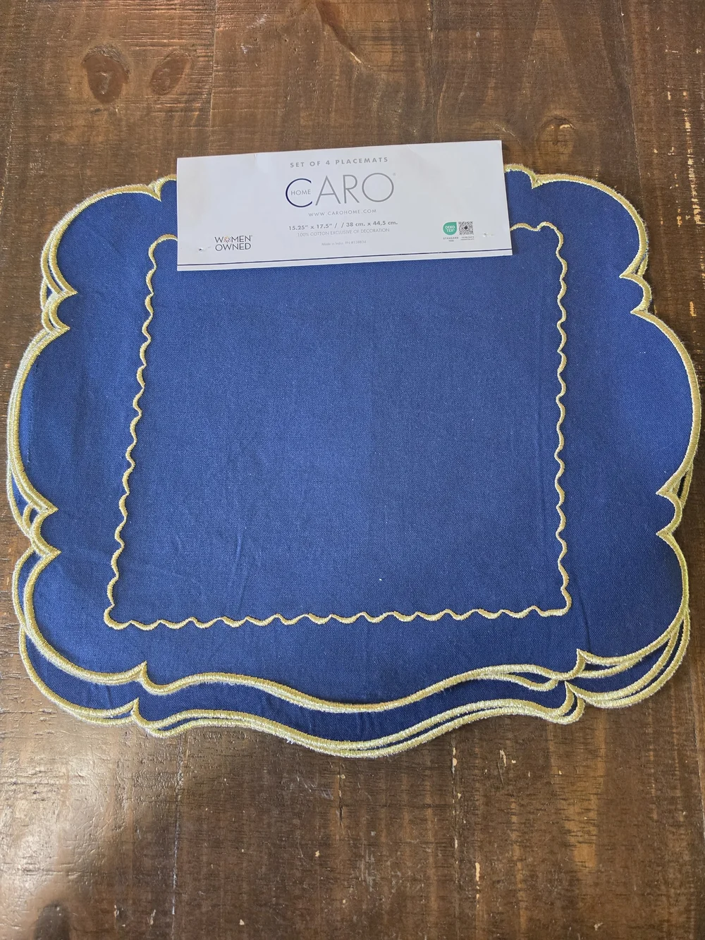 Caro Scalloped Edge Blue Placemats with Gold Trim - Set of 2- 8 Total